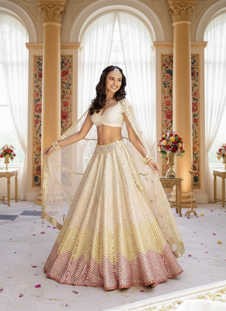 Standing full-length front view of a model in an ivory flared lehenga with yellow and pink ombre chevron hem, paired with a sweetheart choli.