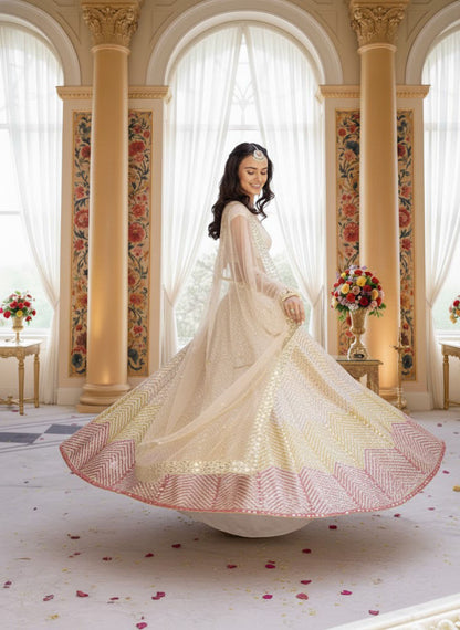 Full-length twirl pose showcasing the wide circular flare and ombre chevron border of an ivory lehenga skirt.