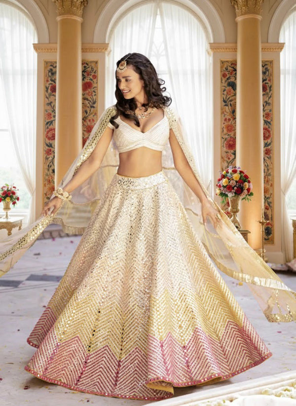 Cream Faux Georgette Paper Mirror Embroidered Lehenga Choli Set