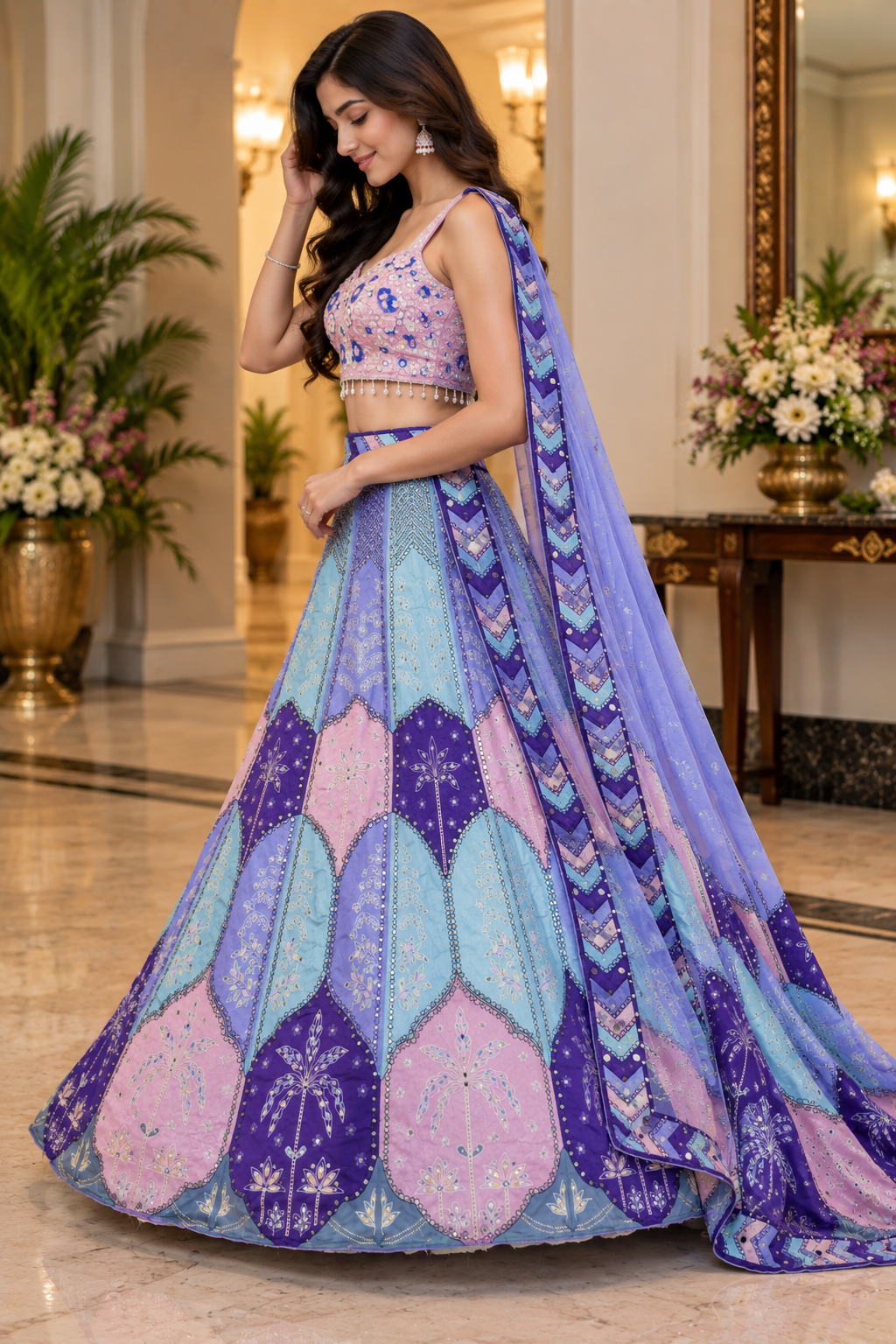 Full-length side-angle view showing the flared circular silhouette of a color-blocked lavender and blue lehenga styled with a matching chevron-bordered dupatta.