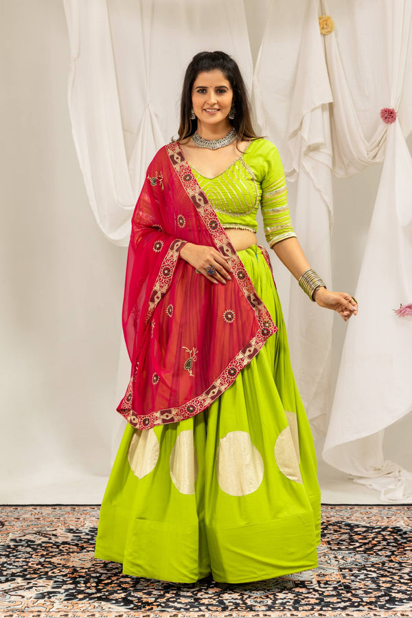 Lime Green Indian Lehenga Choli with Pink Embroidered Dupatta Set