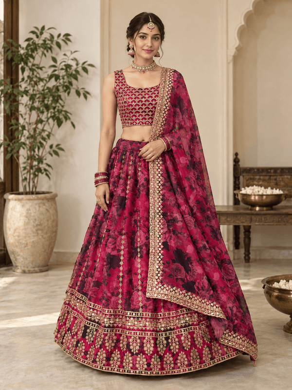 Burgundy Organza Zari Embroidered Floral Lehenga Choli Set Outfit