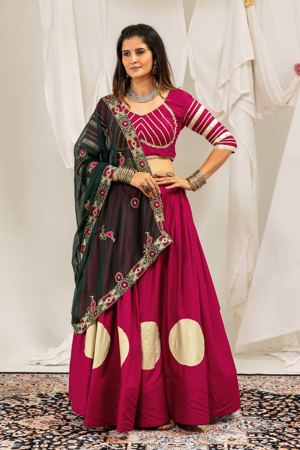 Fuchsia Rayon Gota Work Lehenga Choli with Vintage Dupatta Set