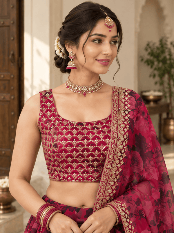 Burgundy Organza Zari Embroidered Floral Lehenga Choli Set Outfit
