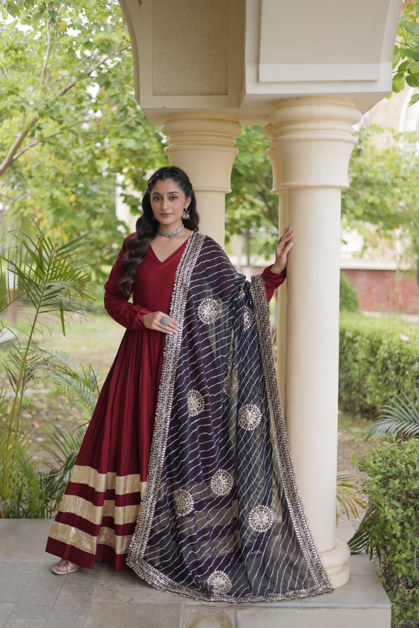 Maroon Rayon Navratri Gown with Leheriya Dupatta & Gota Patti