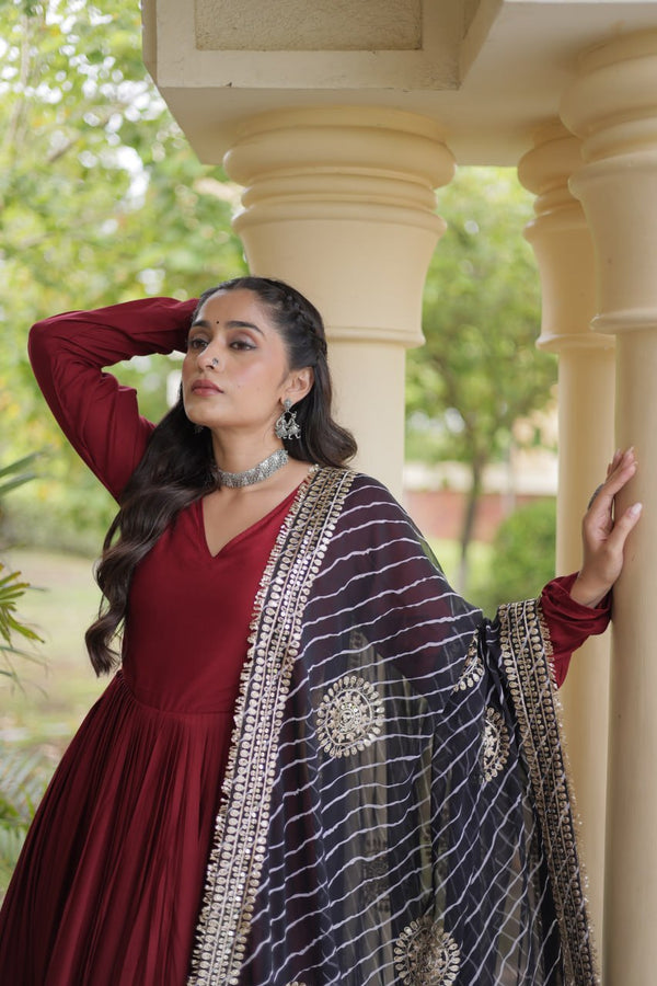 Maroon Rayon Navratri Gown with Leheriya Dupatta & Gota Patti