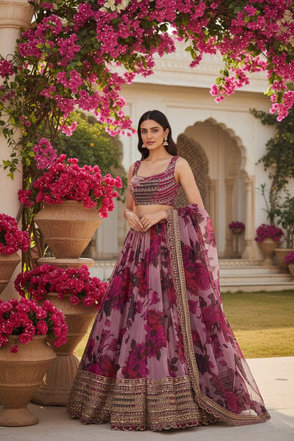 Full-length front-facing shot of a model wearing a mauve-purple printed lehenga, sleeveless embroidered blouse, and matching sheer dupatta.