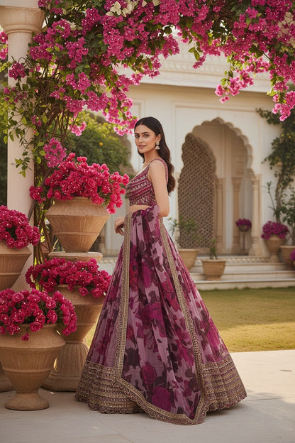 Side profile full-length view of a model in a garden courtyard wearing a mauve-purple floral print lehenga with embroidered border.