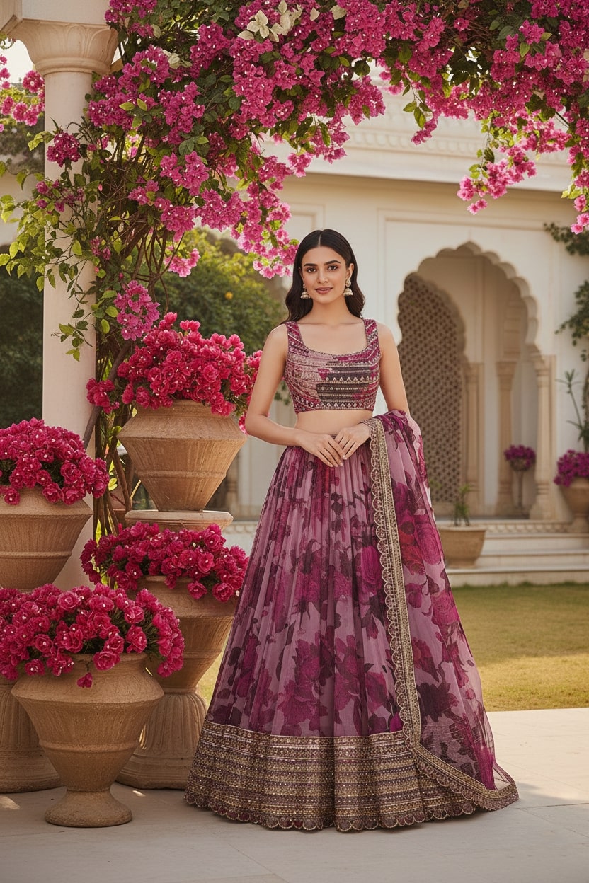 Standing full-length front view of a model in a floral print flared lehenga skirt featuring an embellished zari hem and square-neck choli.