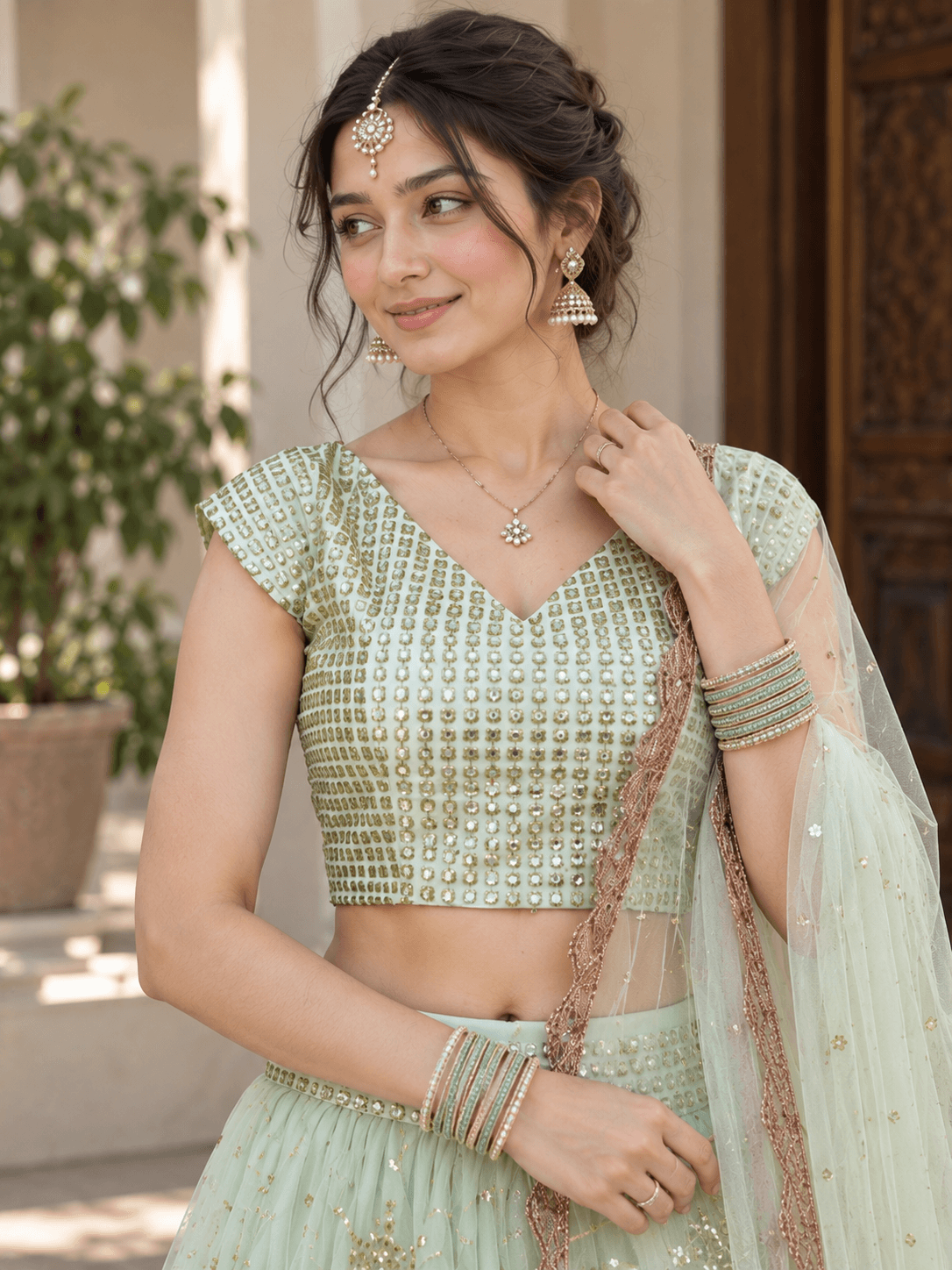 Close-up of mint green V-neck cap-sleeve blouse detailed with geometric sequin embroidery