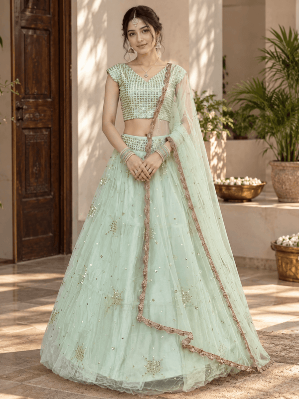 Mint Green Net Sequin Zari Embroidered Party Lehenga Choli Set