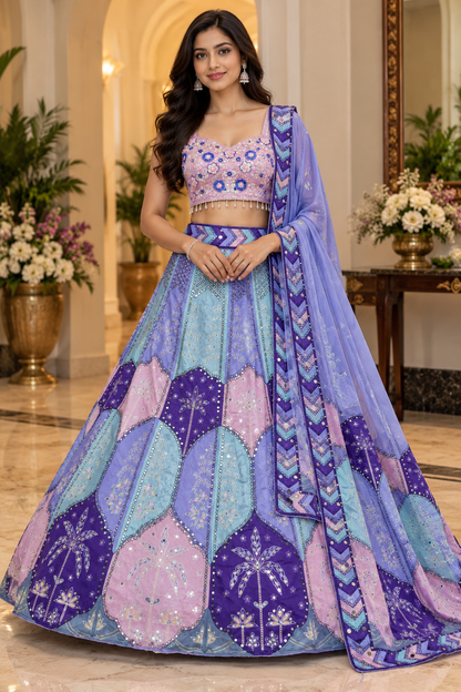 Standing full-length front view of a model wearing a multi-pastel patchwork lehenga skirt in lavender, sky blue, and pink with a pearl-fringed embroidered crop blouse.