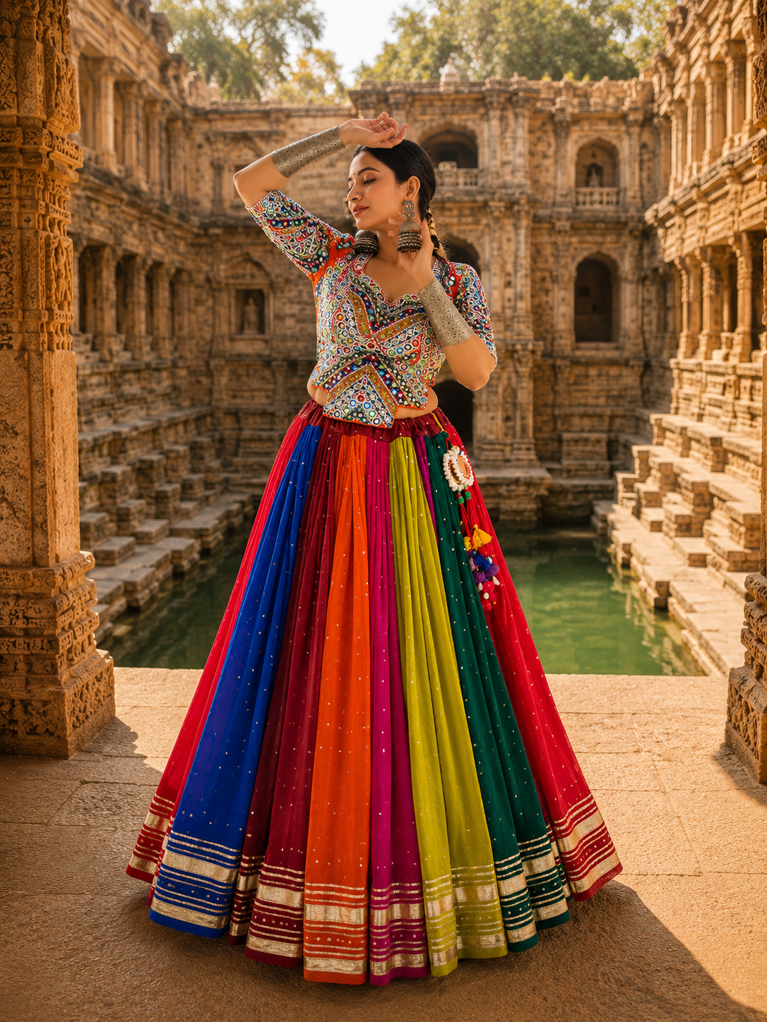 Three-quarter side view of model wearing a multicolor panelled chaniya choli with mirror embroidered top and shell tassel