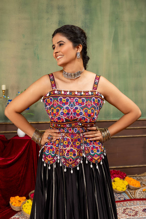 Black Navratri Lehenga Choli with Multicolor Floral Embroidery