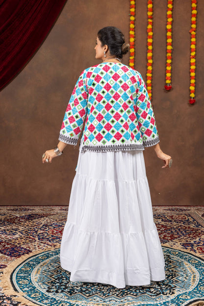 Back view of model wearing full-sleeve white jacket covered in colorful diamond mirror work embroidery