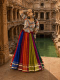 Multicolor Mirror Work Printed Muslin Cotton Lehenga Choli with Lace Border