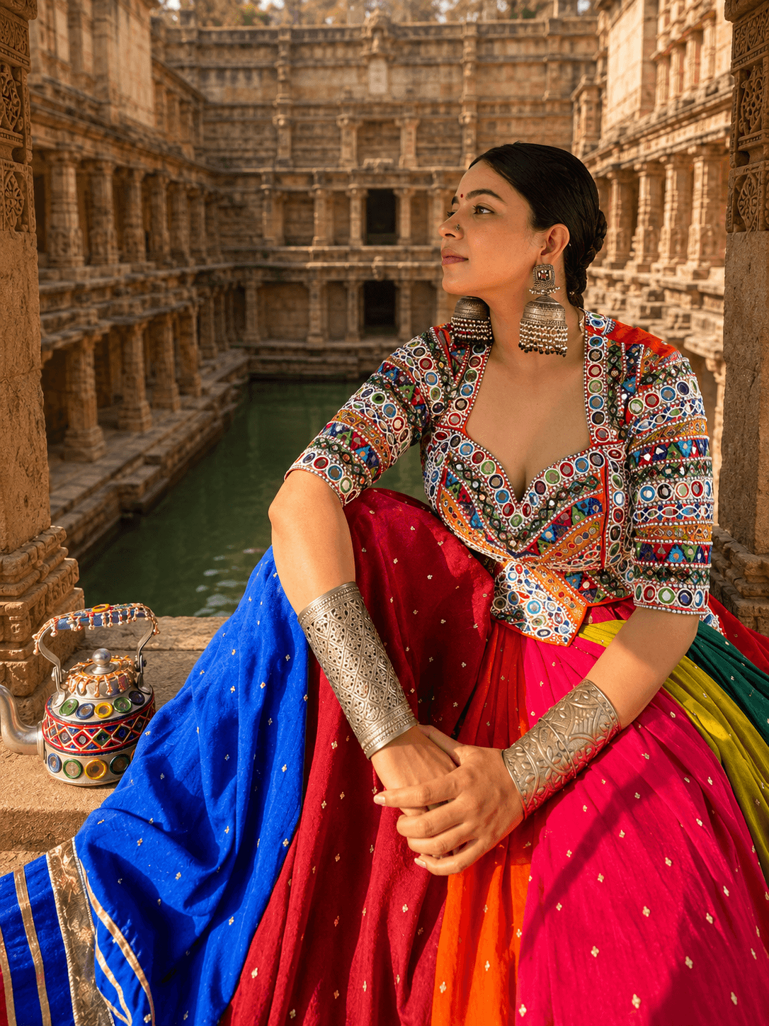 Model seated wearing a multicolor mirror work blouse with plunge sweetheart neckline and pleated panelled lehenga skirt