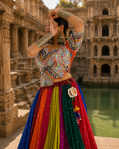 Full-length front shot of model posing in a multicolor pleated kali chaniya choli with metallic hem borders and mirror work blouse