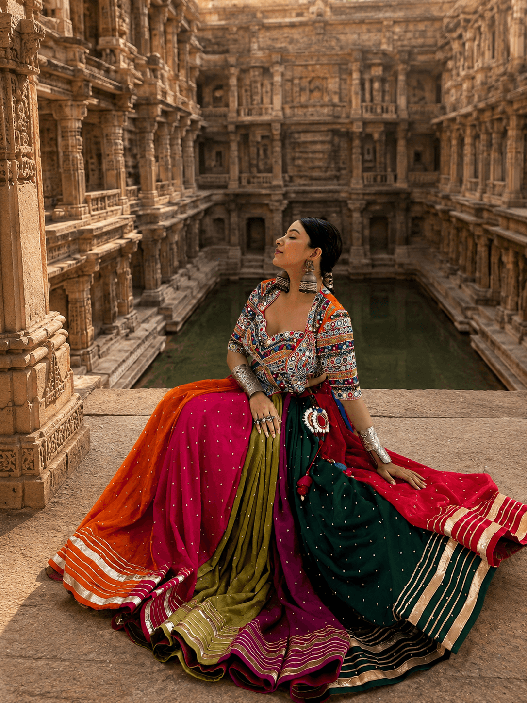 Model wearing multicolor panelled kali lehenga with mirror embroidered blouse and gota border sitting against a stepwell