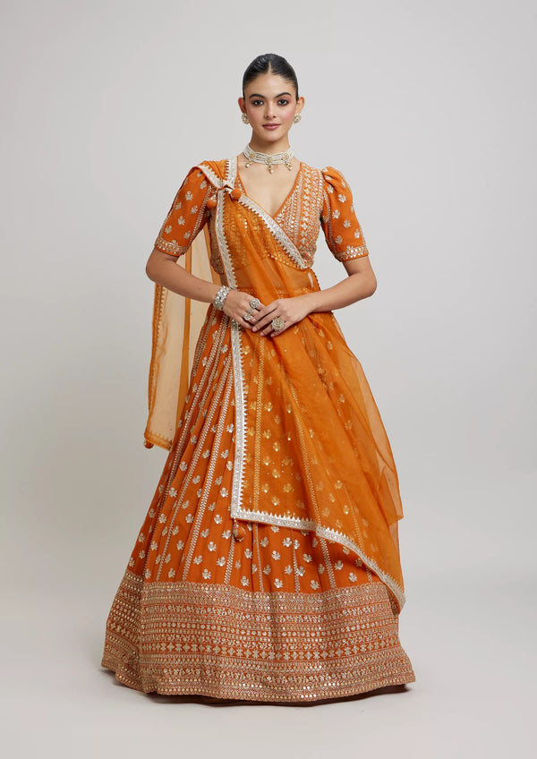 Orange Georgette Sequin Embroidered Designer Lehenga Choli Set
