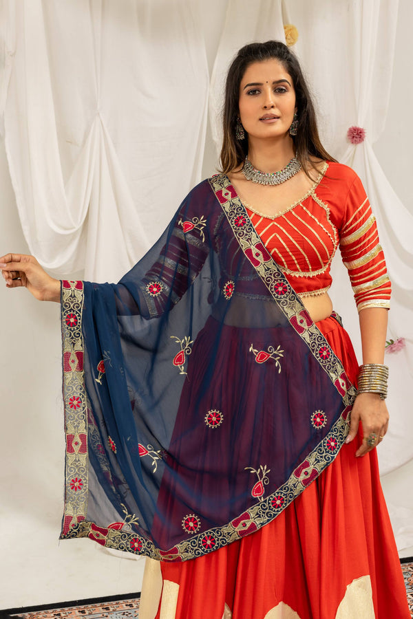 Coral Orange Rayon Gota Work Lehenga Choli with Navy Dupatta