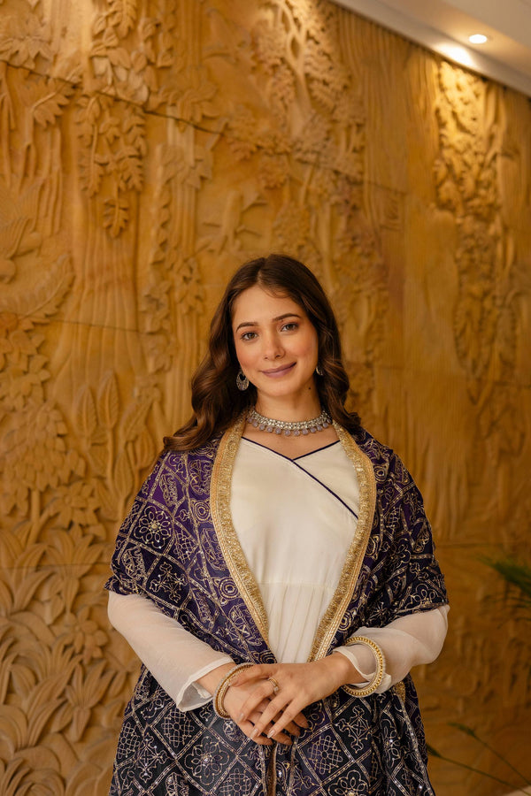 Ivory Ruffle Gown with Purple Vintage Embroidered Dupatta