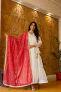 Festive Ivory Ruffle Gown with Red Vintage Embroidered Dupatta