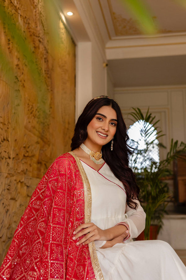 Festive Ivory Ruffle Gown with Red Vintage Embroidered Dupatta