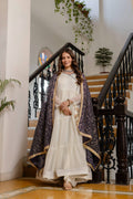 Ivory Ruffle Gown with Purple Vintage Embroidered Dupatta