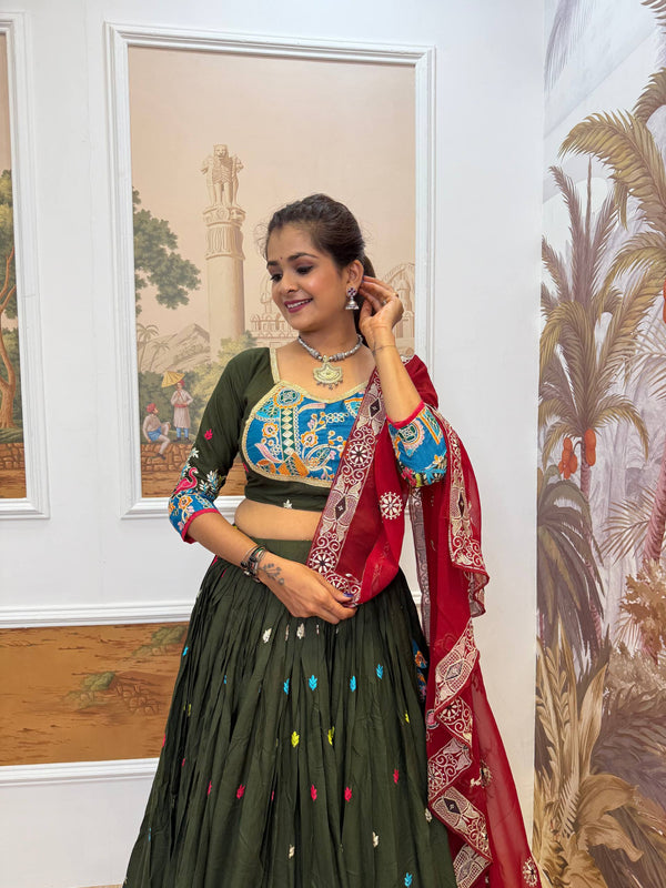 Dark Green Embroidered Lehenga Choli with Red Dupatta Outfit
