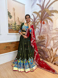Dark Green Embroidered Lehenga Choli with Red Dupatta Outfit