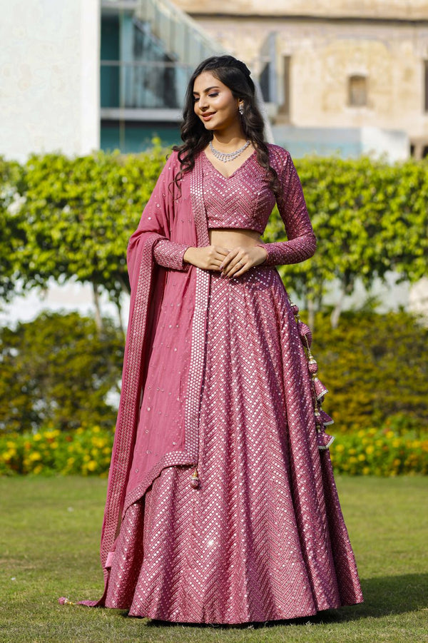 Metallic Pink Sequined Faux Georgette Lehenga Choli Outfit Set