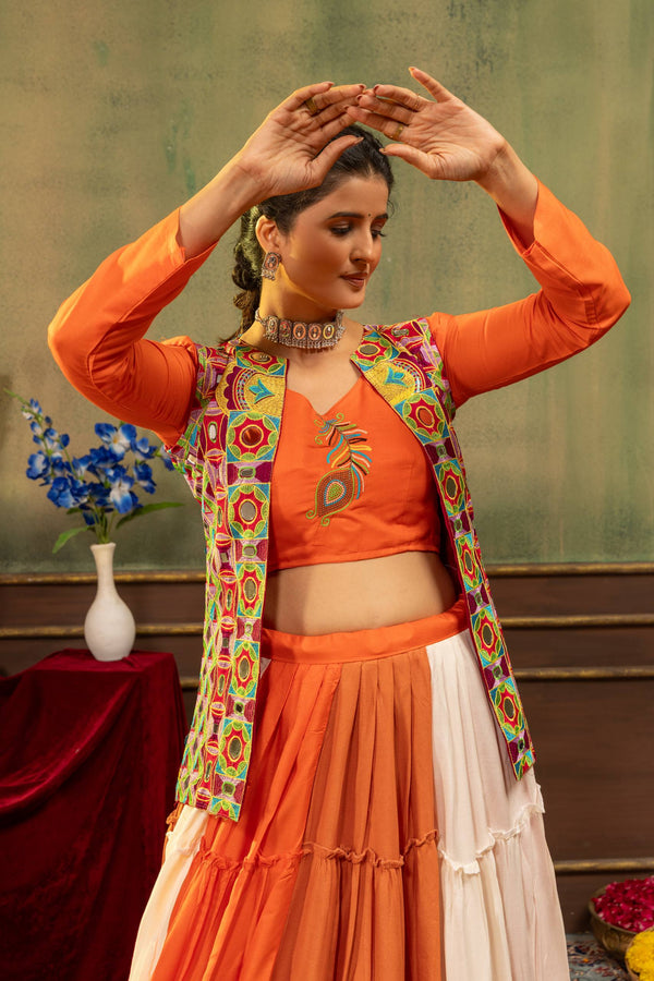 Orange Rayon Navaratri Lehenga Koti Set with Heavy Mirror Work