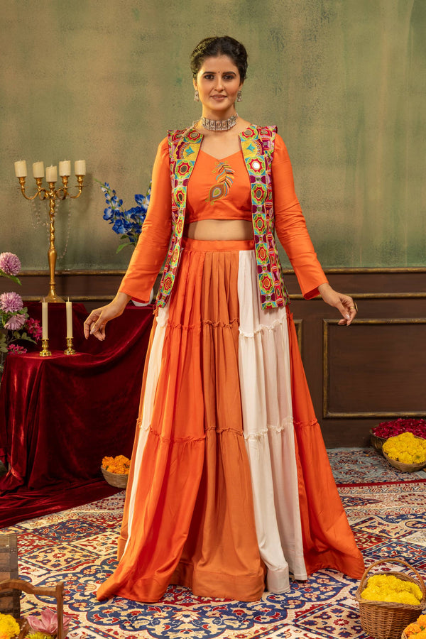 Orange Rayon Navaratri Lehenga Koti Set with Heavy Mirror Work