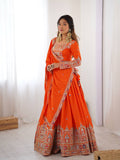 Orange Multi-Thread Embroidered Sequin French Crepe Lehenga Set