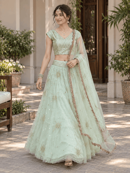Front view of pastel green flared lehenga skirt featuring allover sequin floral motifs and embellished waistband