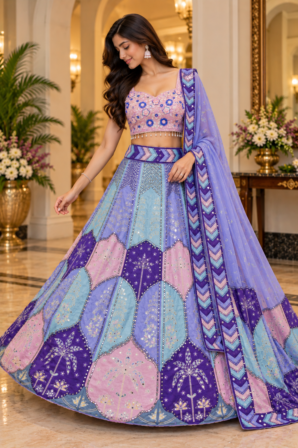 Full-length shot capturing the wide flared volume and traditional tree motif patchwork of a pastel lavender and blue lehenga in a luxury palace atrium.