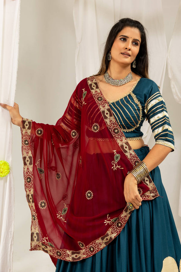 Teal Blue Rayon Lehenga Choli with Maroon Embroidered Dupatta Set