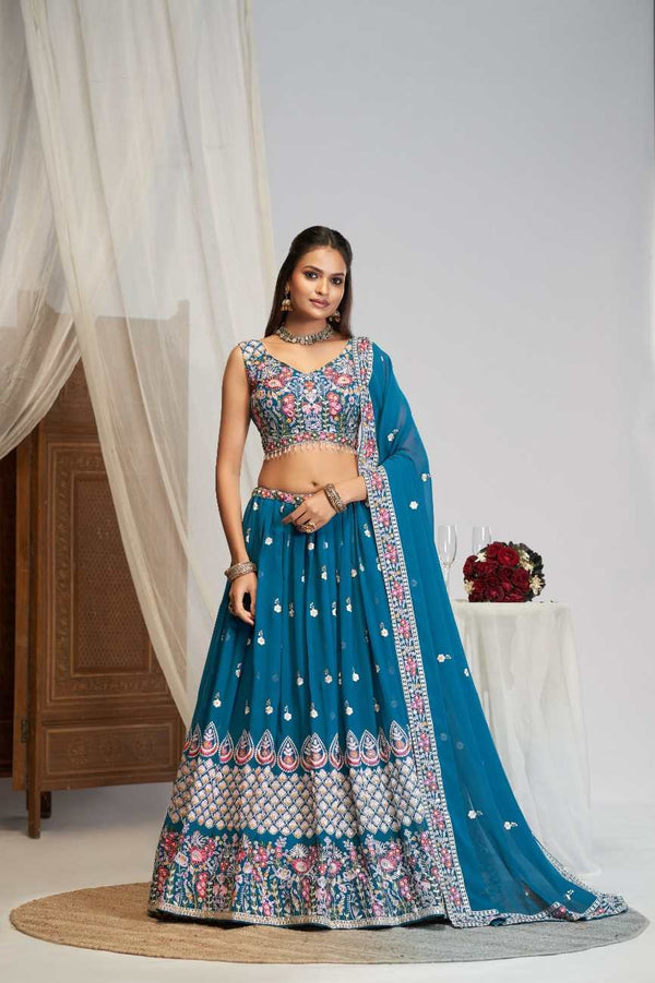 Teal Blue Floral Embroidered Faux Georgette Lehenga Choli Set