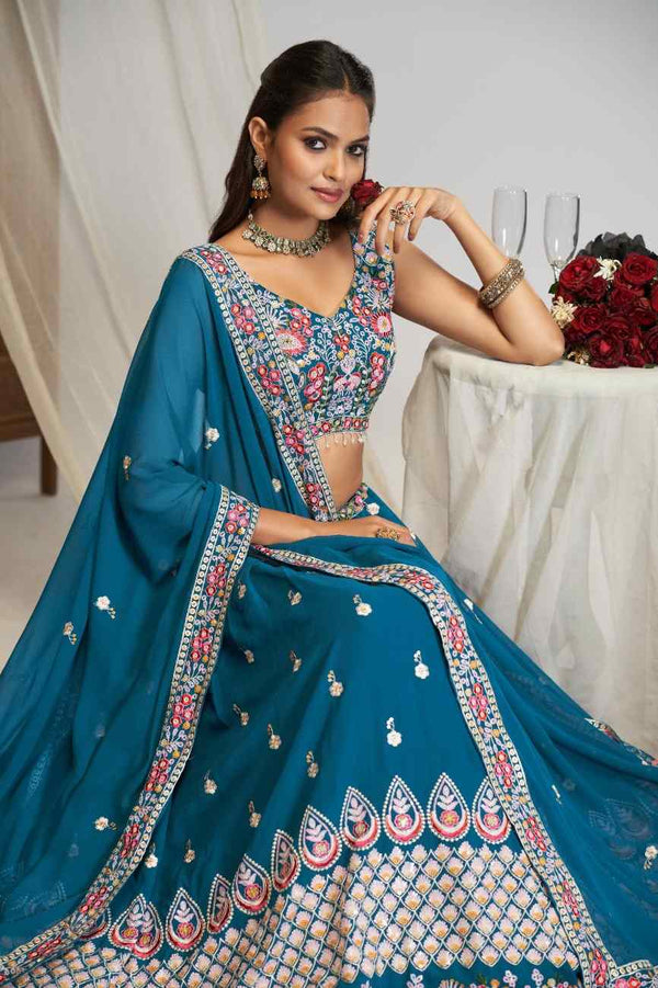 Teal Blue Floral Embroidered Faux Georgette Lehenga Choli Set