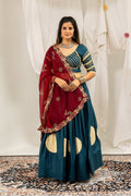 Teal Blue Rayon Lehenga Choli with Maroon Embroidered Dupatta Set