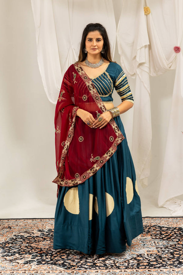 Teal Blue Rayon Lehenga Choli with Maroon Embroidered Dupatta Set