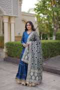 Rama Blue Rayon Gown Set with Gota Patti Lace Work & Dupatta