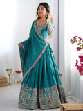 Teal Multi-Thread Embroidered Sequin French Crepe Lehenga Set