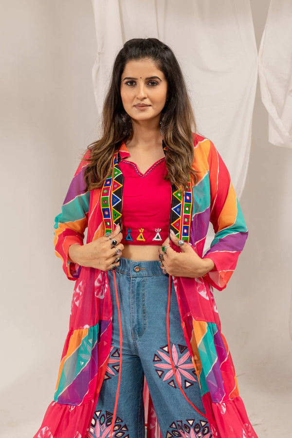 Mirror Work Denim Navratri Co-Ord Set with Colorful Shrug Layer