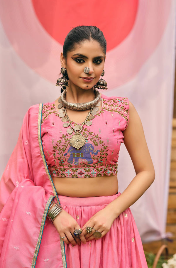 Pink Shimmer Embroidered Elephant Motif Lehenga Choli Set Dress
