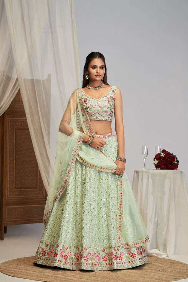 Mint Green Embroidered Georgette Floral Lehenga Choli Ensemble