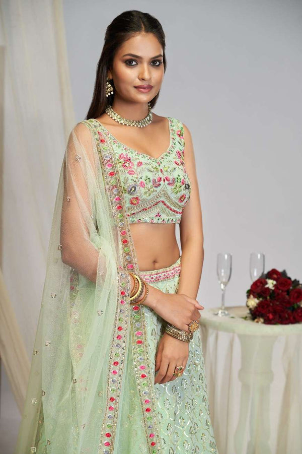 Mint Green Embroidered Georgette Floral Lehenga Choli Ensemble