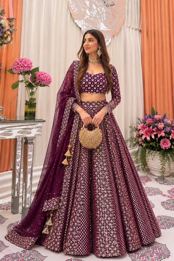 Wine Sequin Zari Lehenga Choli with Embroidered Border Dupatta