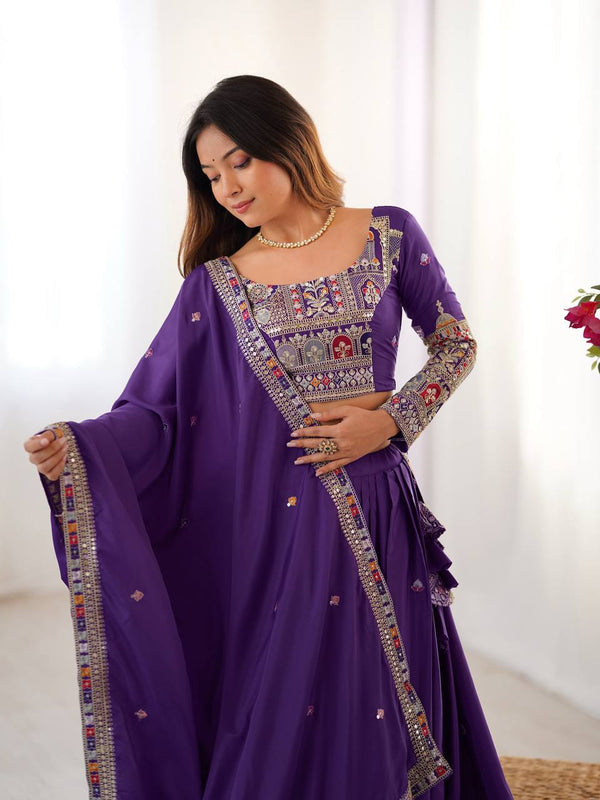Purple Multi-Thread Embroidered Sequin Lehenga Choli Set